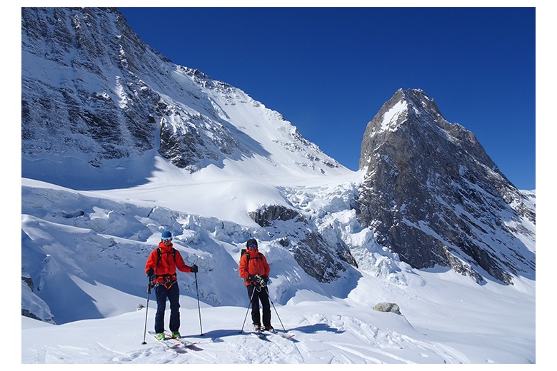 Descente en skis du Col de la Grande Casse (au fond) à travers le Glacier de Rosolin.