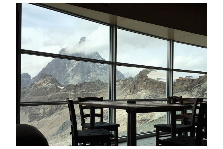 view of the Matterhorn from the dining room of teodulo hut