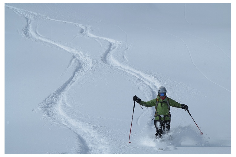 esquiadora salpicando nieve polvo