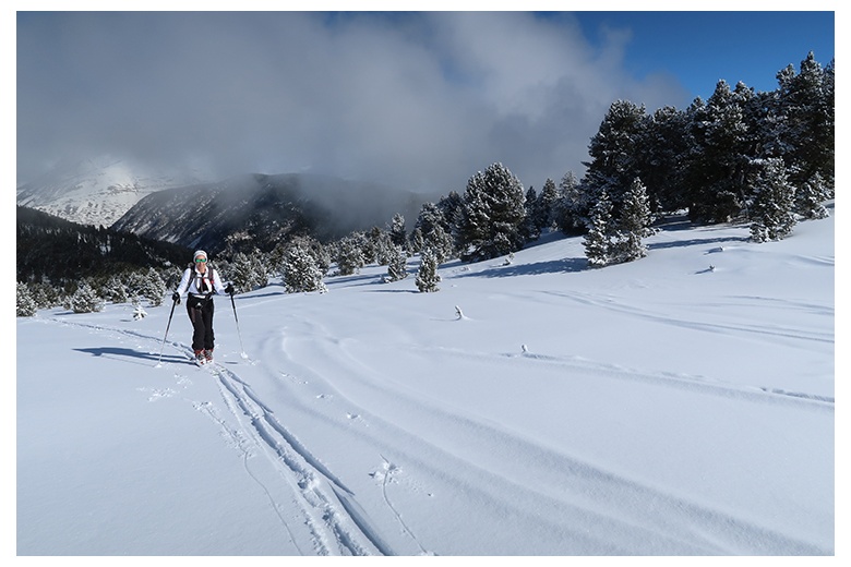 esquiadora de travesía sigue la traza en el precioso valle de aiguamòg